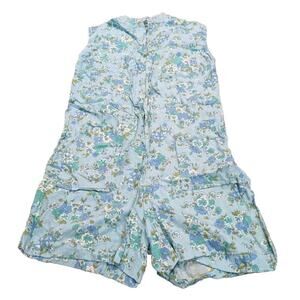 Vintage Japan Women's Romper Light Blue Floral Size 14 Sleeveless Full Zip